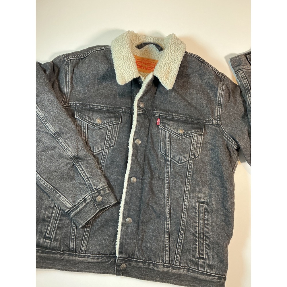 Levi's Sherpa Trucker Jacket Faded Black Denim Washed Charcoal Size L